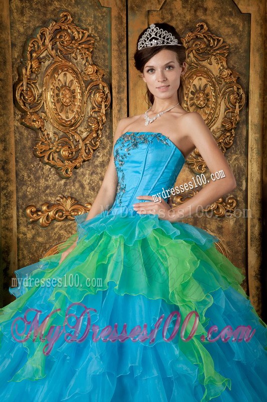 Blue and Green Ruffles Quinceanera Dresses Strapless Floor-length Organza
