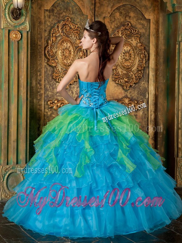 Blue and Green Ruffles Quinceanera Dresses Strapless Floor-length Organza