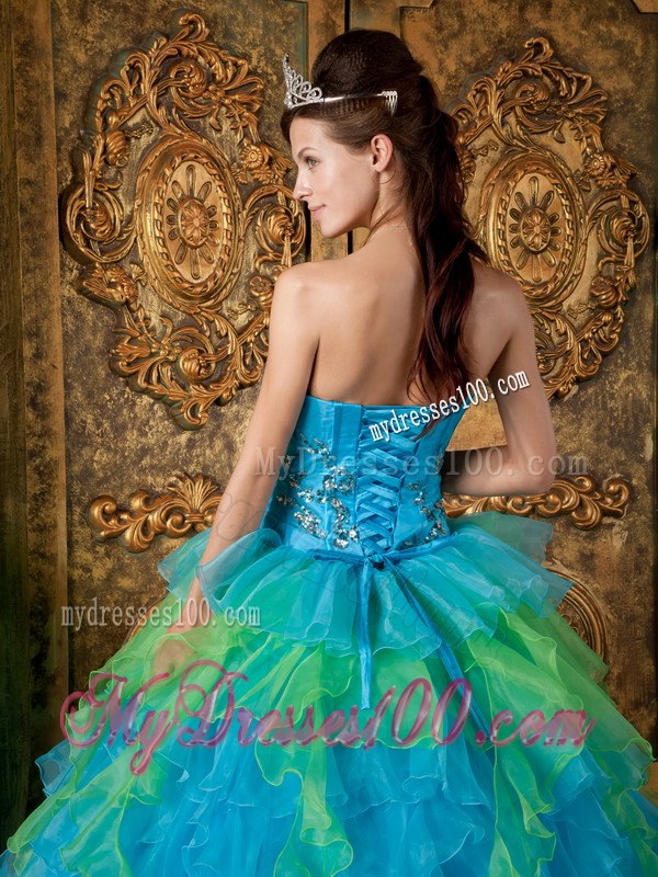 Blue and Green Ruffles Quinceanera Dresses Strapless Floor-length Organza