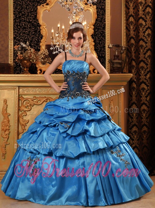 Blue Strapsand Pick-ups Designed Quinceanera Dress with Appliques