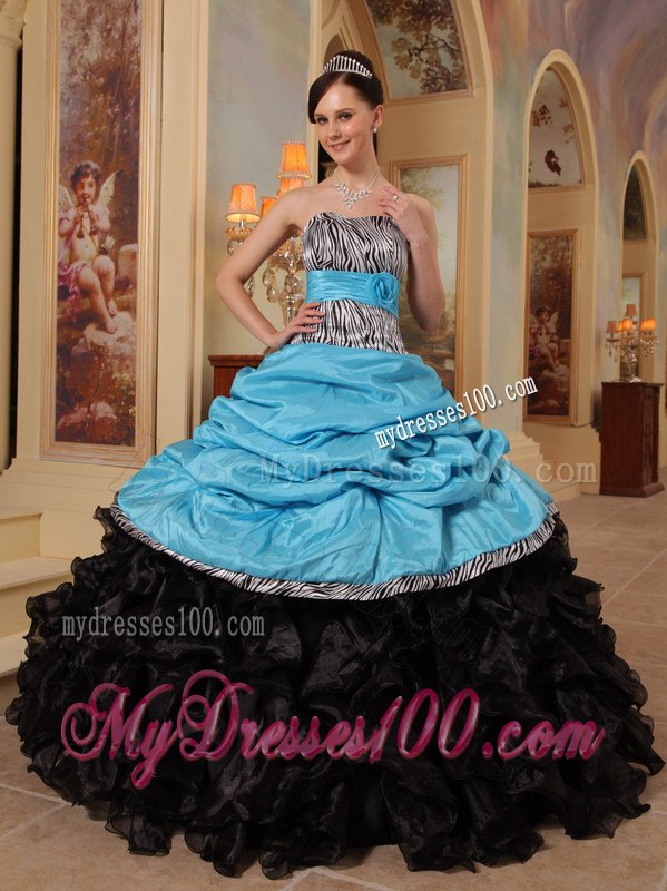 Blue and Black Zebra Ball Gown Sweetheart Floor-length Ruffles