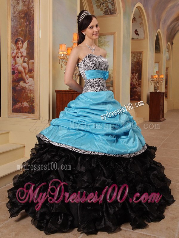 Blue and Black Zebra Ball Gown Sweetheart Floor-length Ruffles