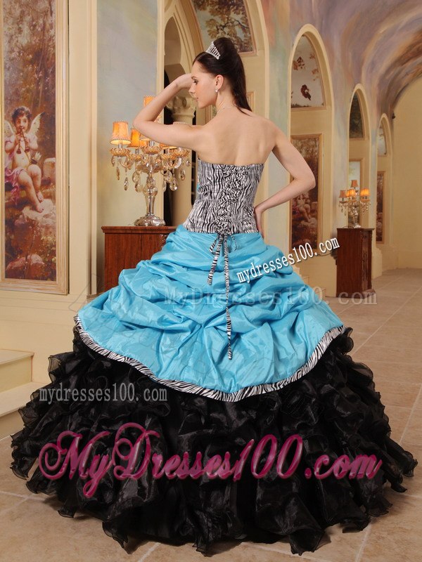 Blue and Black Zebra Ball Gown Sweetheart Floor-length Ruffles