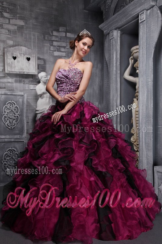 Ruffles and Beading Burgundy Quinceanera Gown Sweetheart Zebra and Organza