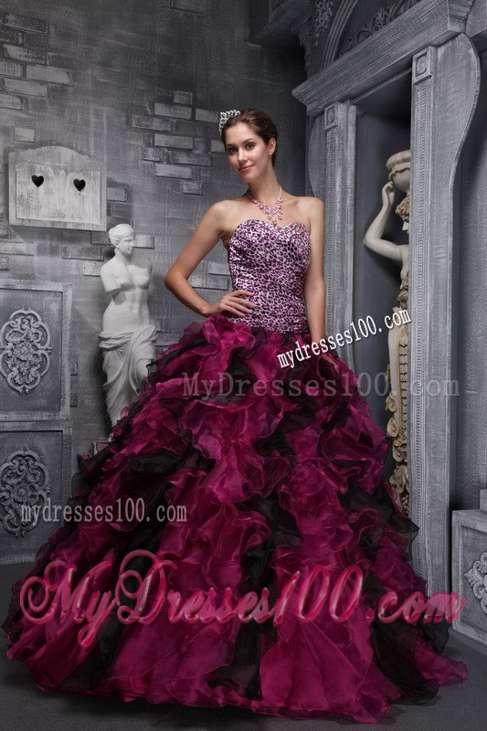 Ruffles and Beading Burgundy Quinceanera Gown Sweetheart Zebra and Organza