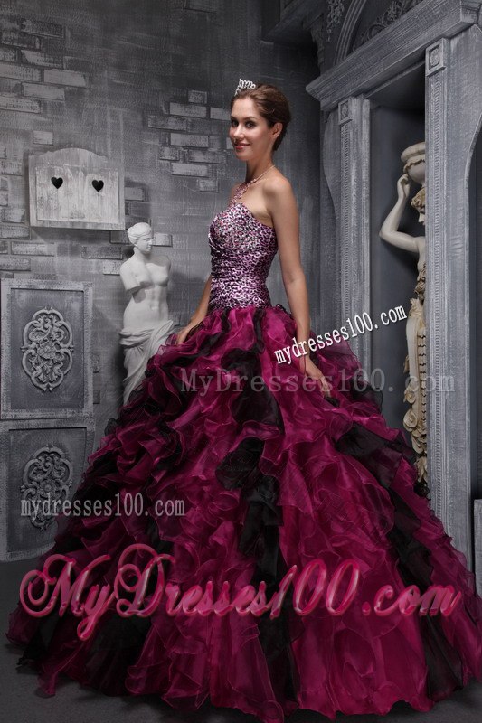 Ruffles and Beading Burgundy Quinceanera Gown Sweetheart Zebra and Organza