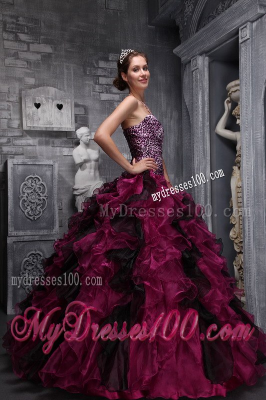 Ruffles and Beading Burgundy Quinceanera Gown Sweetheart Zebra and Organza