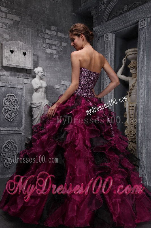 Ruffles and Beading Burgundy Quinceanera Gown Sweetheart Zebra and Organza