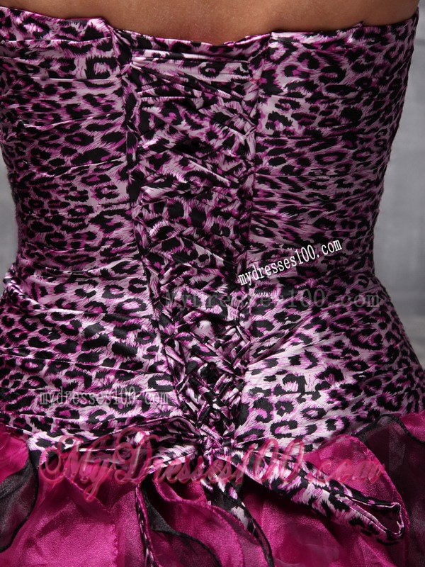 Ruffles and Beading Burgundy Quinceanera Gown Sweetheart Zebra and Organza