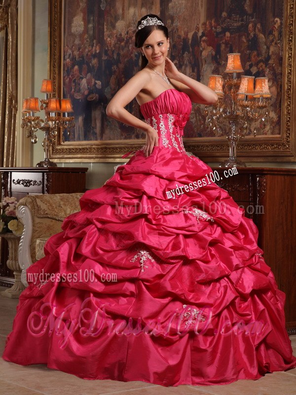 Strapless Appliques Coral Red Ball Gown Quinceanera Dress Taffeta
