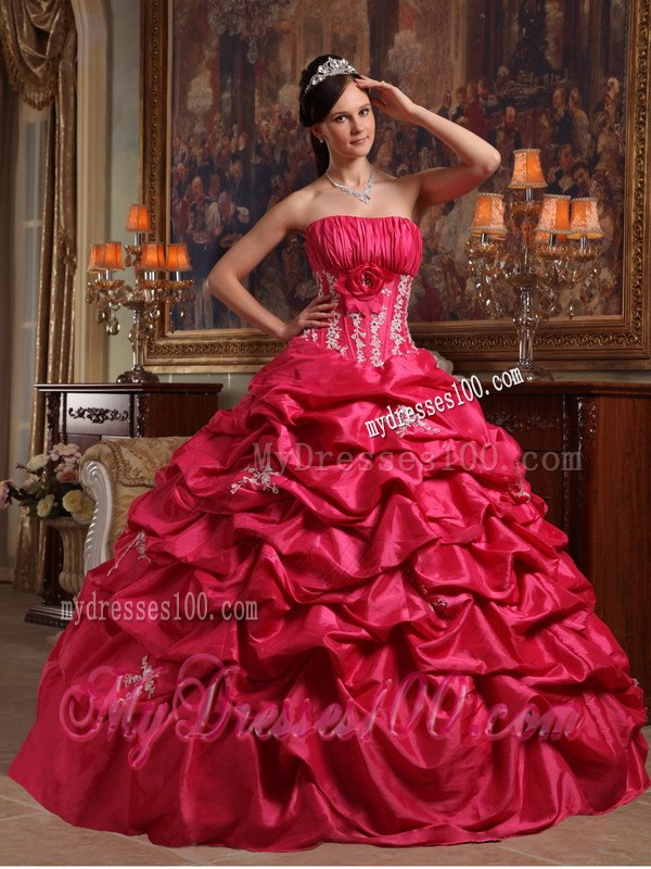 Strapless Appliques Coral Red Ball Gown Quinceanera Dress Taffeta
