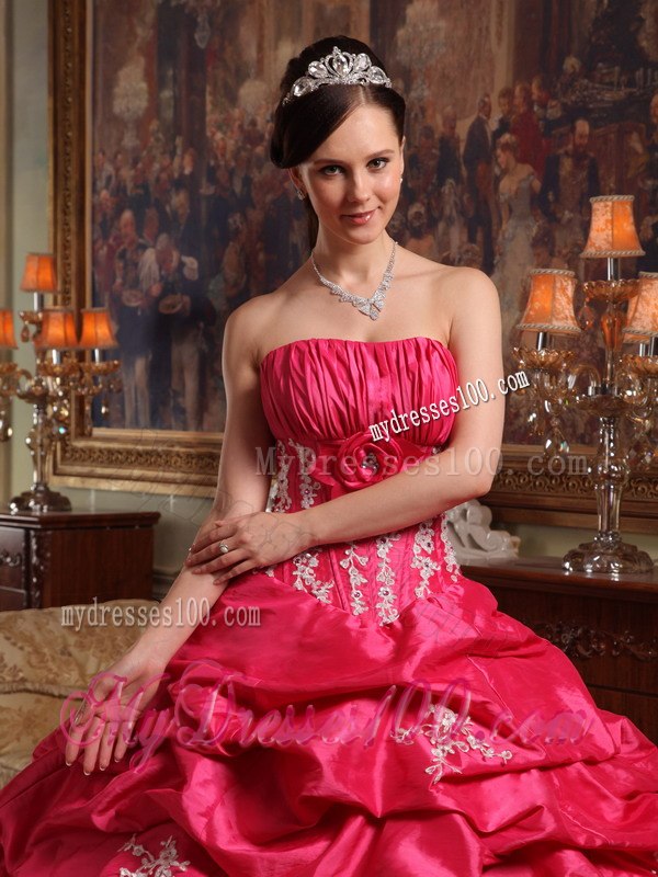 Strapless Appliques Coral Red Ball Gown Quinceanera Dress Taffeta