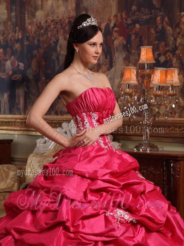 Strapless Appliques Coral Red Ball Gown Quinceanera Dress Taffeta