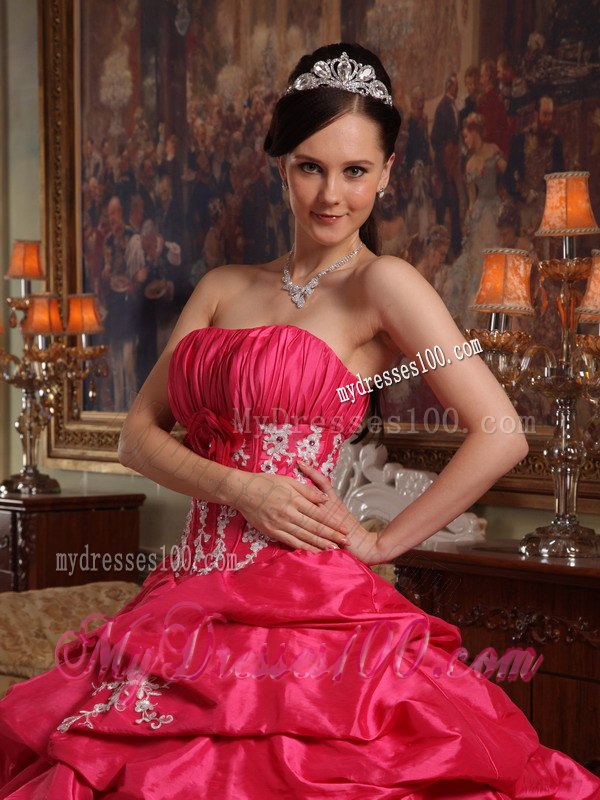Strapless Appliques Coral Red Ball Gown Quinceanera Dress Taffeta