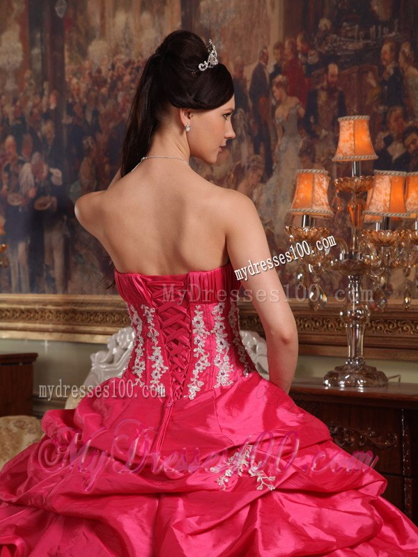 Strapless Appliques Coral Red Ball Gown Quinceanera Dress Taffeta