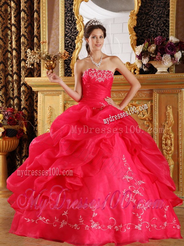 Coral Red Ball Gown Strapless Floor-length Embroidery Organza Qu