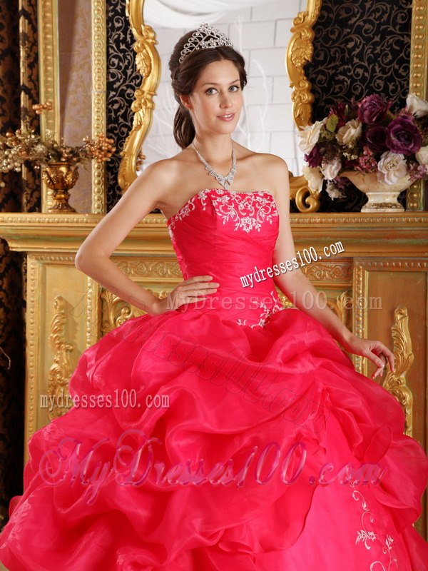 Coral Red Ball Gown Strapless Floor-length Embroidery Organza Qu