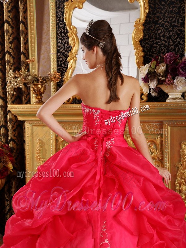 Coral Red Ball Gown Strapless Floor-length Embroidery Organza Qu