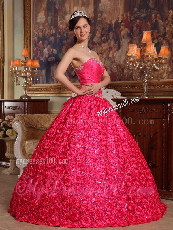 Coral Red Appliques Accented Quinceanera Gown in Roling Flower Fabric
