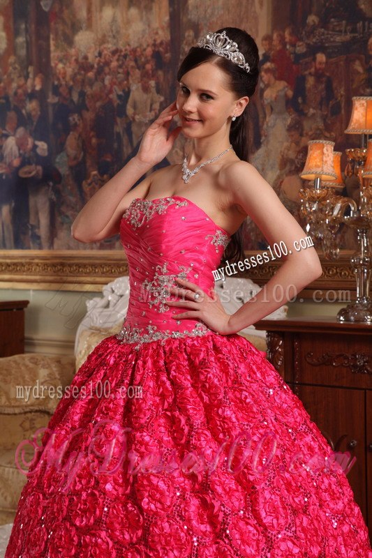 Coral Red Appliques Accented Quinceanera Gown in Roling Flower Fabric