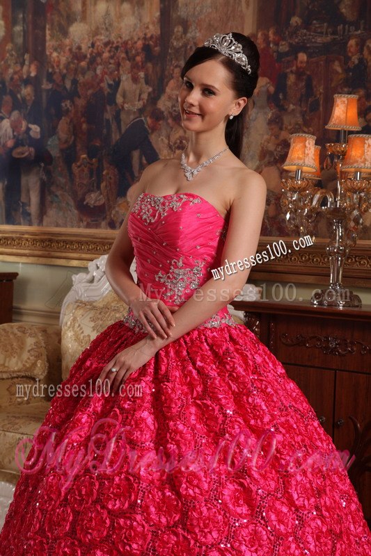 Coral Red Appliques Accented Quinceanera Gown in Roling Flower Fabric