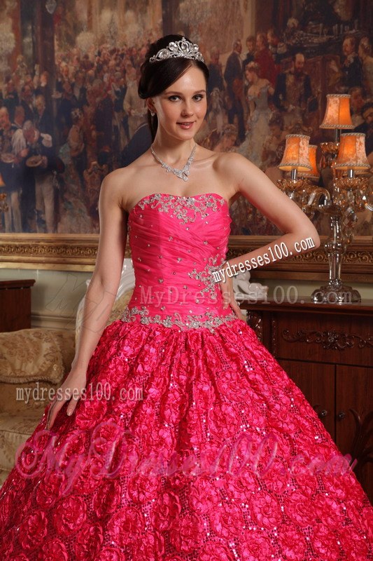 Coral Red Appliques Accented Quinceanera Gown in Roling Flower Fabric