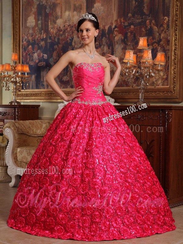 Coral Red Appliques Accented Quinceanera Gown in Roling Flower Fabric