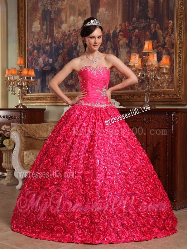 Coral Red Appliques Accented Quinceanera Gown in Roling Flower Fabric