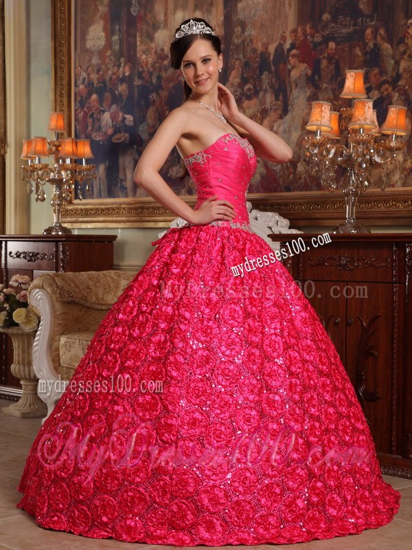 Coral Red Appliques Accented Quinceanera Gown in Roling Flower Fabric