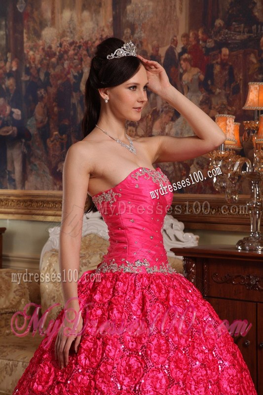 Coral Red Appliques Accented Quinceanera Gown in Roling Flower Fabric