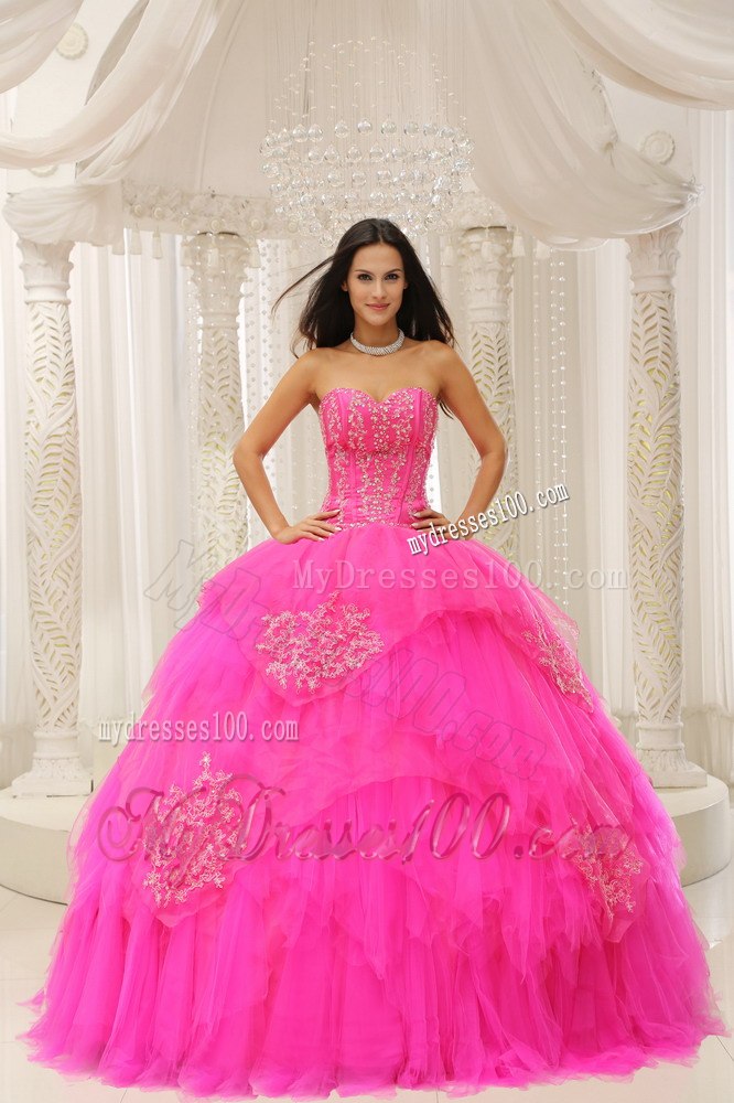 Embroidery Hot Pink Sweetheart Lace-up For Quinceanera Dresses