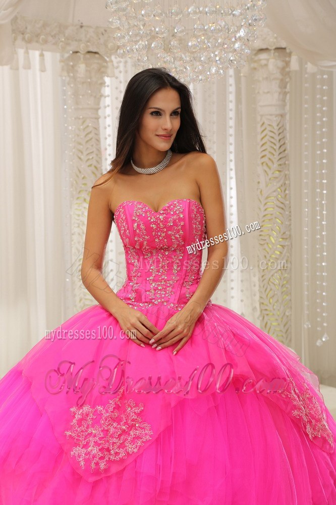 Embroidery Hot Pink Sweetheart Lace-up For Quinceanera Dresses