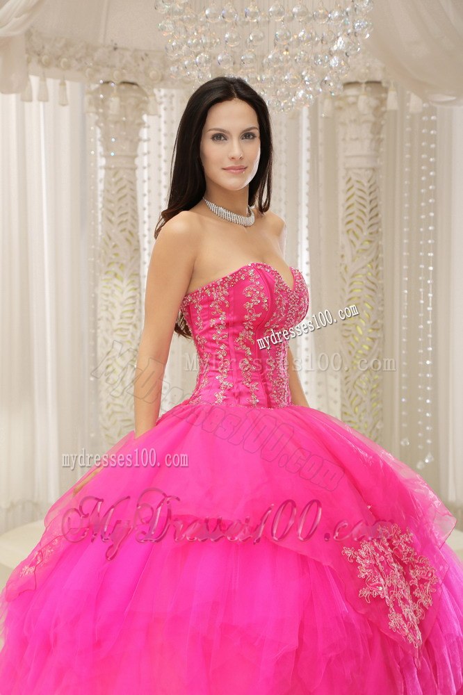 Embroidery Hot Pink Sweetheart Lace-up For Quinceanera Dresses