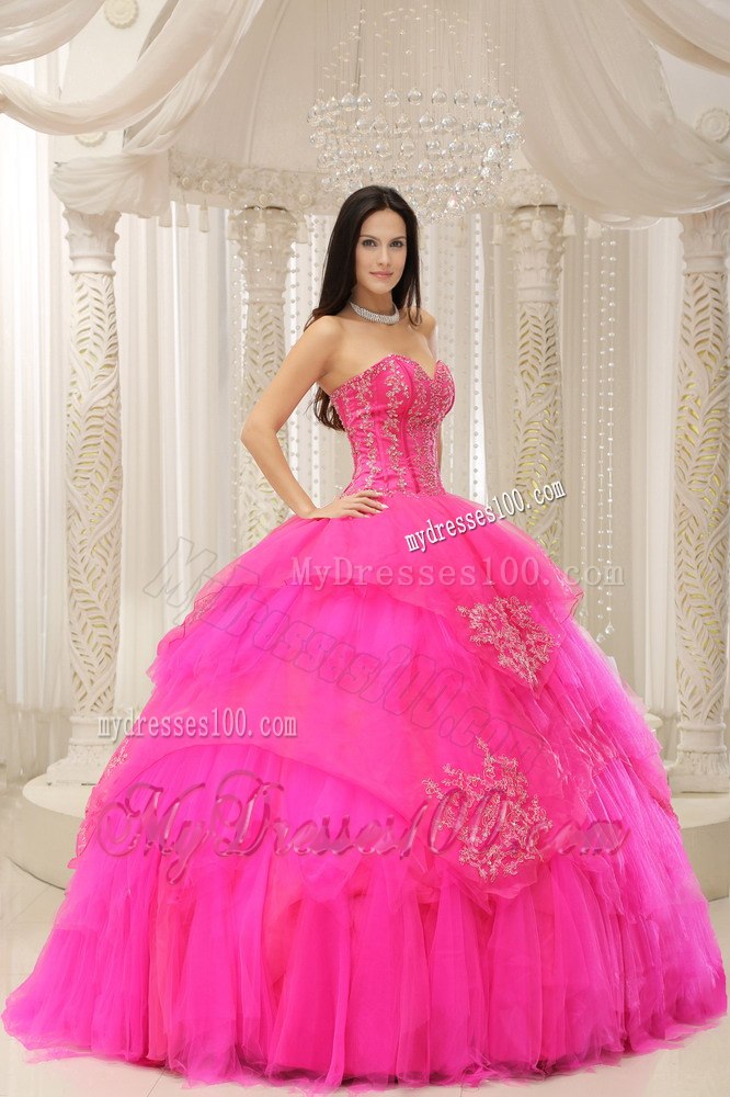 Embroidery Hot Pink Sweetheart Lace-up For Quinceanera Dresses