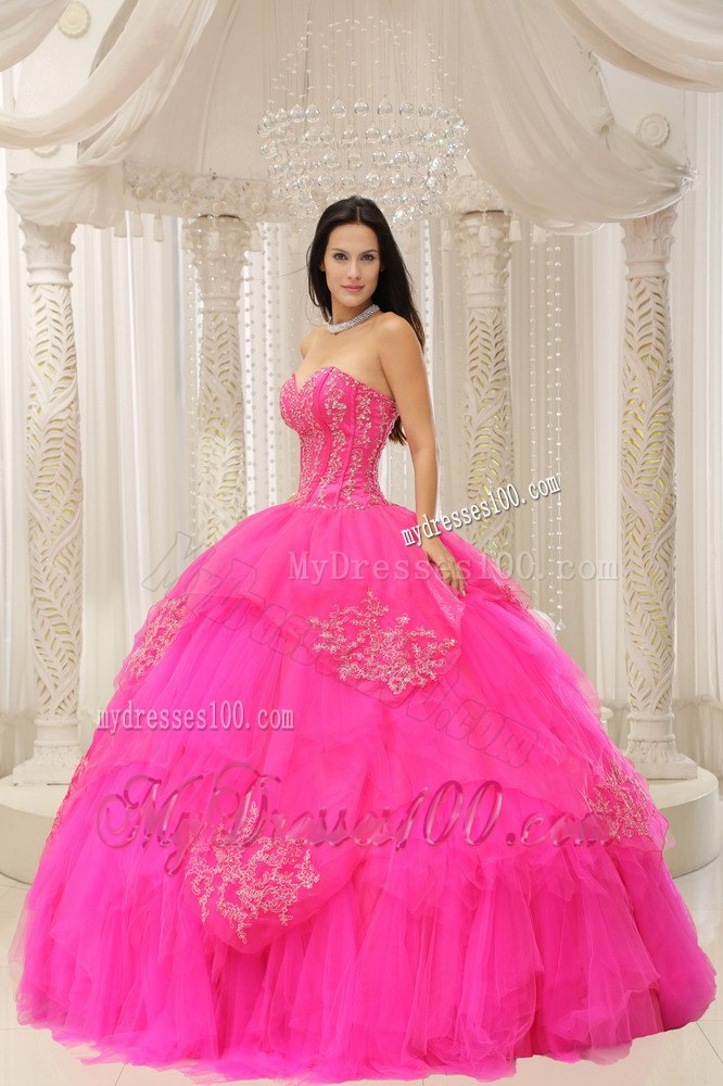 Embroidery Hot Pink Sweetheart Lace-up For Quinceanera Dresses