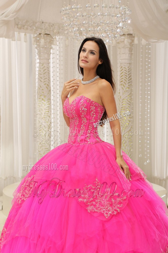 Embroidery Hot Pink Sweetheart Lace-up For Quinceanera Dresses