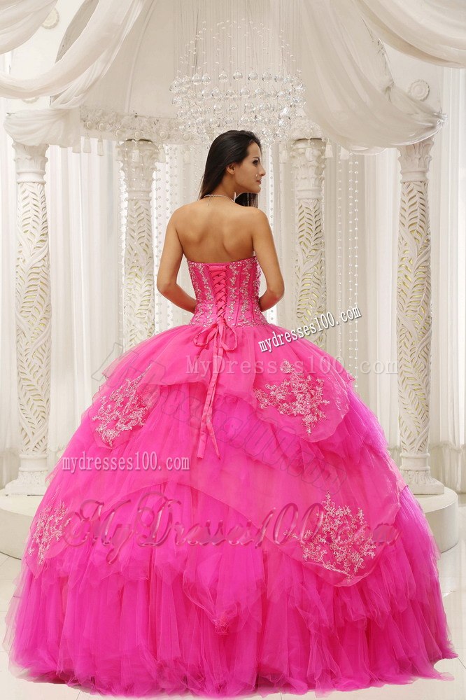 Embroidery Hot Pink Sweetheart Lace-up For Quinceanera Dresses