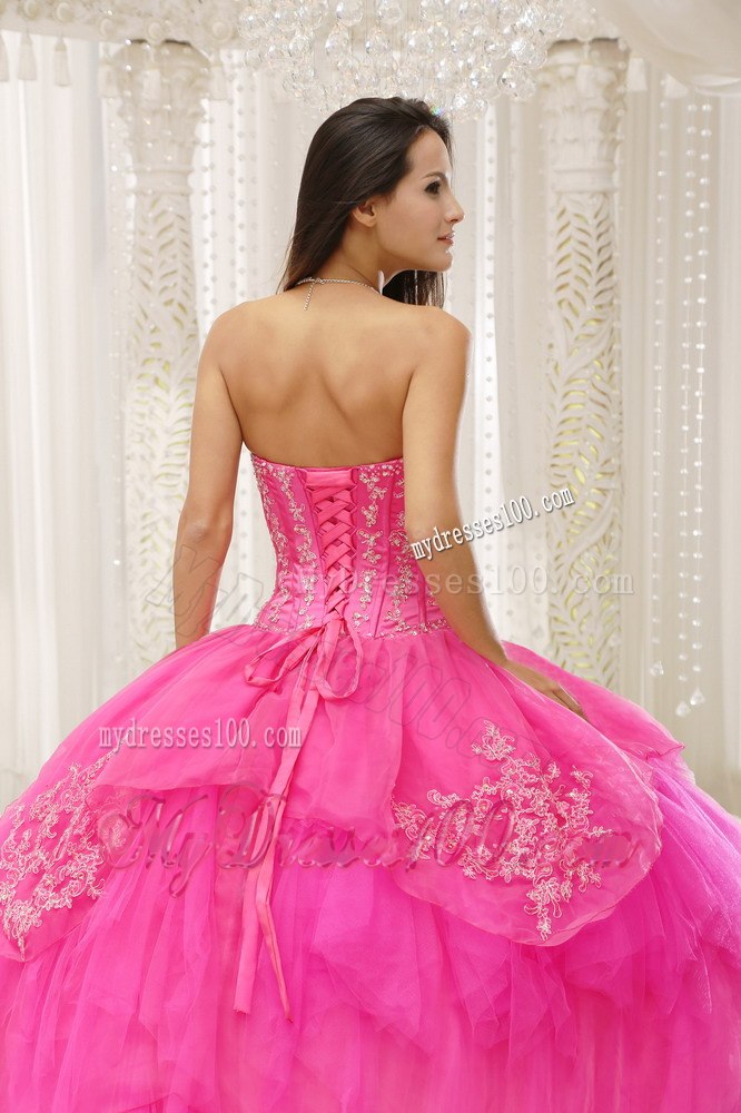 Embroidery Hot Pink Sweetheart Lace-up For Quinceanera Dresses