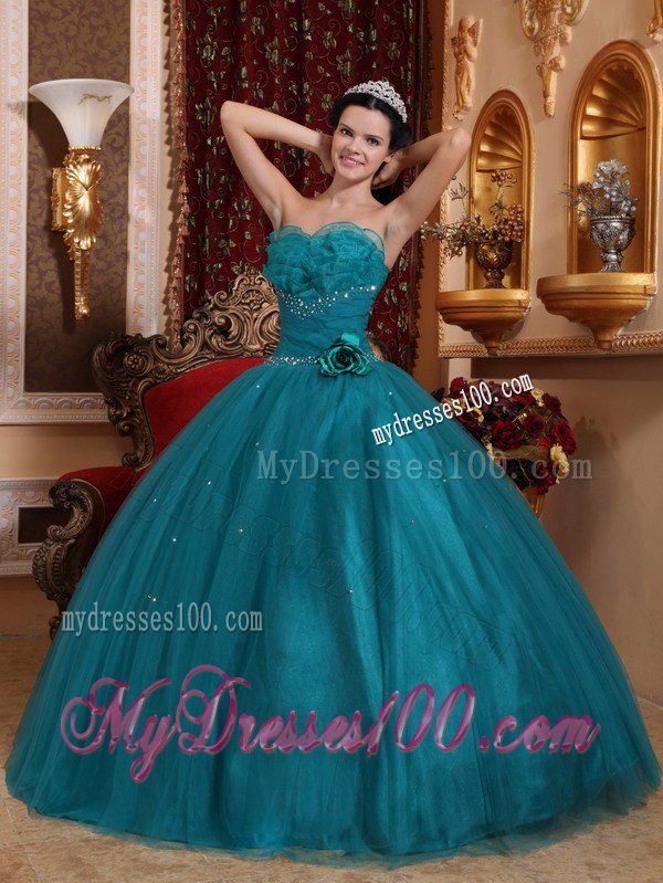 Handle Flowers Dark Green Quinceanera Dress Sweetheart Tulle Beading