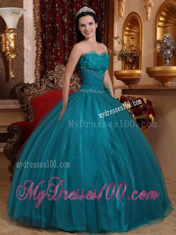 Handle Flowers Dark Green Quinceanera Dress Sweetheart Tulle Beading