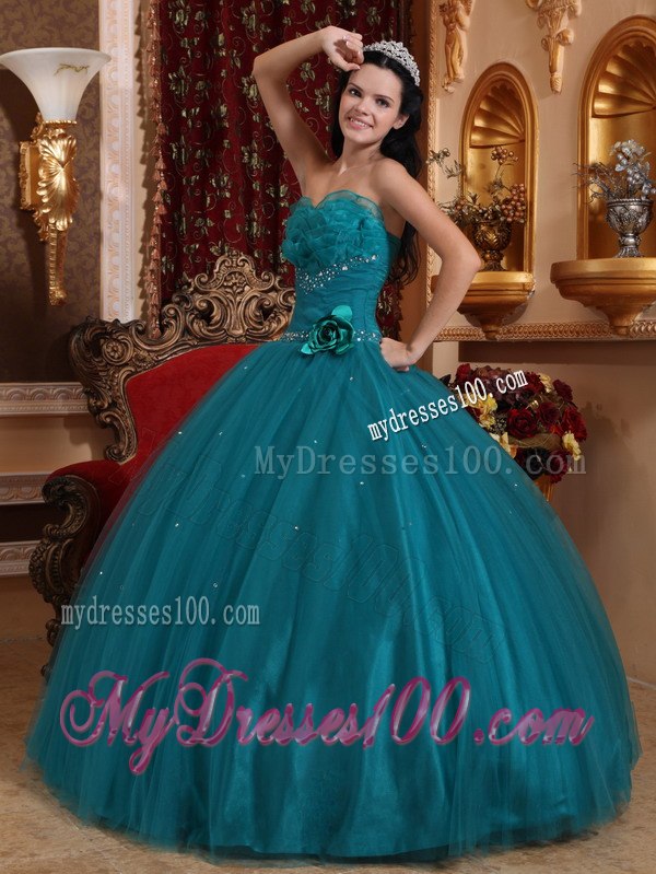 Handle Flowers Dark Green Quinceanera Dress Sweetheart Tulle Beading