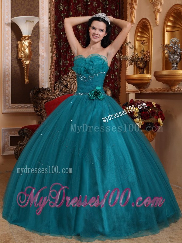Handle Flowers Dark Green Quinceanera Dress Sweetheart Tulle Beading