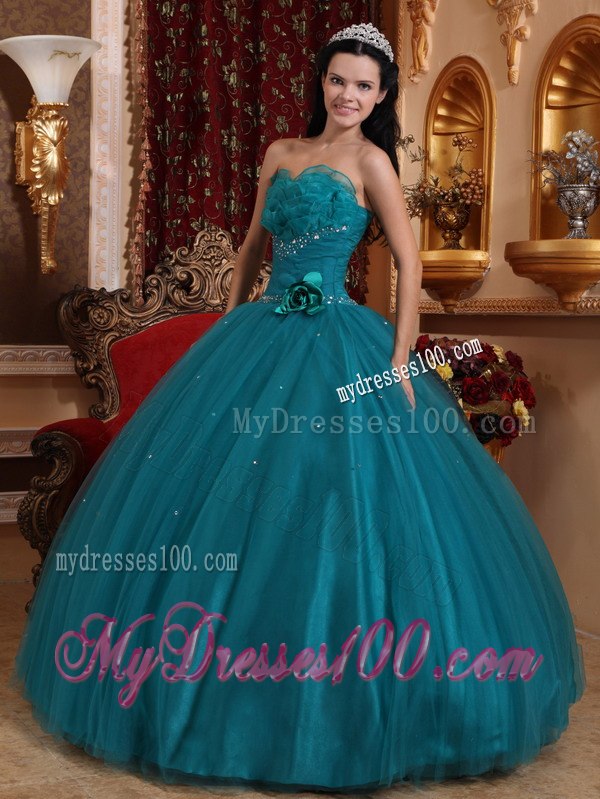 Handle Flowers Dark Green Quinceanera Dress Sweetheart Tulle Beading