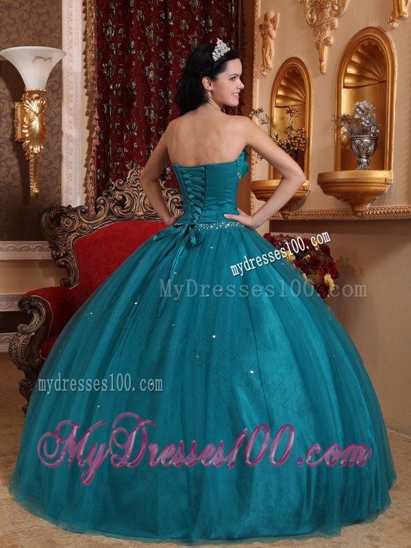 Handle Flowers Dark Green Quinceanera Dress Sweetheart Tulle Beading