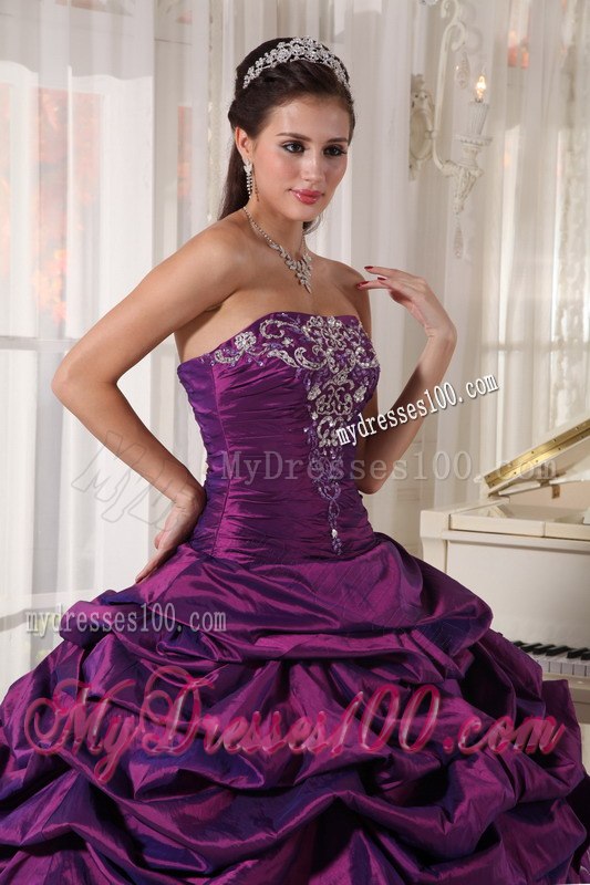 Pick-ups Eggplant Purple Dresses Quinceanera Taffeta Embroidery With Beading