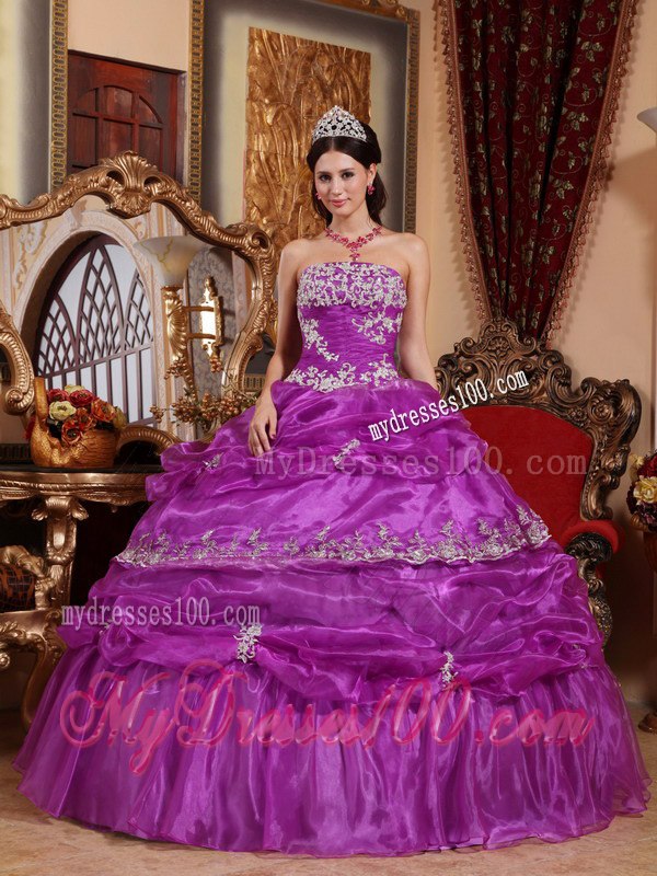 Strapless Ruffles Fuchsia Ball Gown Appliques Quinceanera Dress