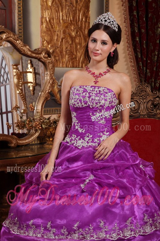 Strapless Ruffles Fuchsia Ball Gown Appliques Quinceanera Dress