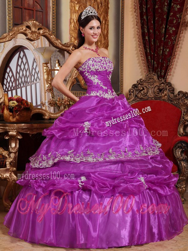 Strapless Ruffles Fuchsia Ball Gown Appliques Quinceanera Dress