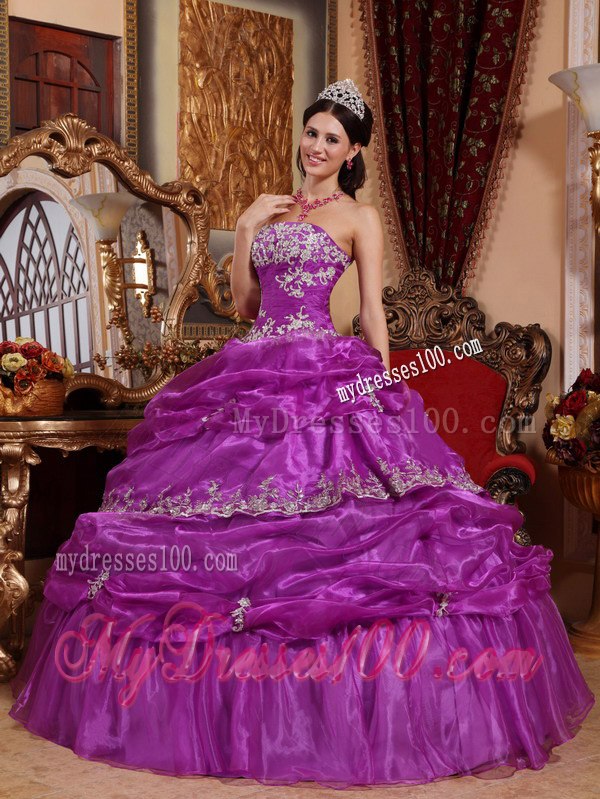 Strapless Ruffles Fuchsia Ball Gown Appliques Quinceanera Dress