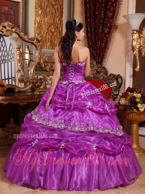 Strapless Ruffles Fuchsia Ball Gown Appliques Quinceanera Dress